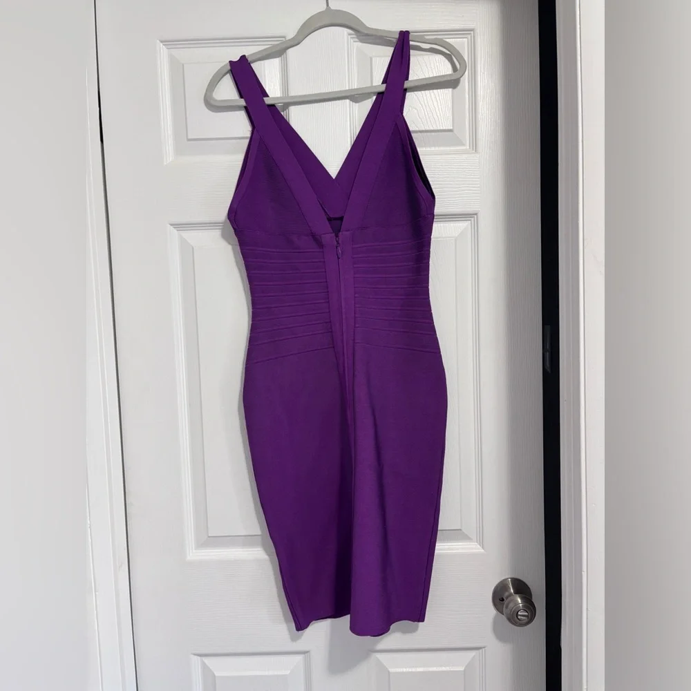 Herve Leger Deep Purple V-Neck Bandage Midi Dress - Picture 2 of 4